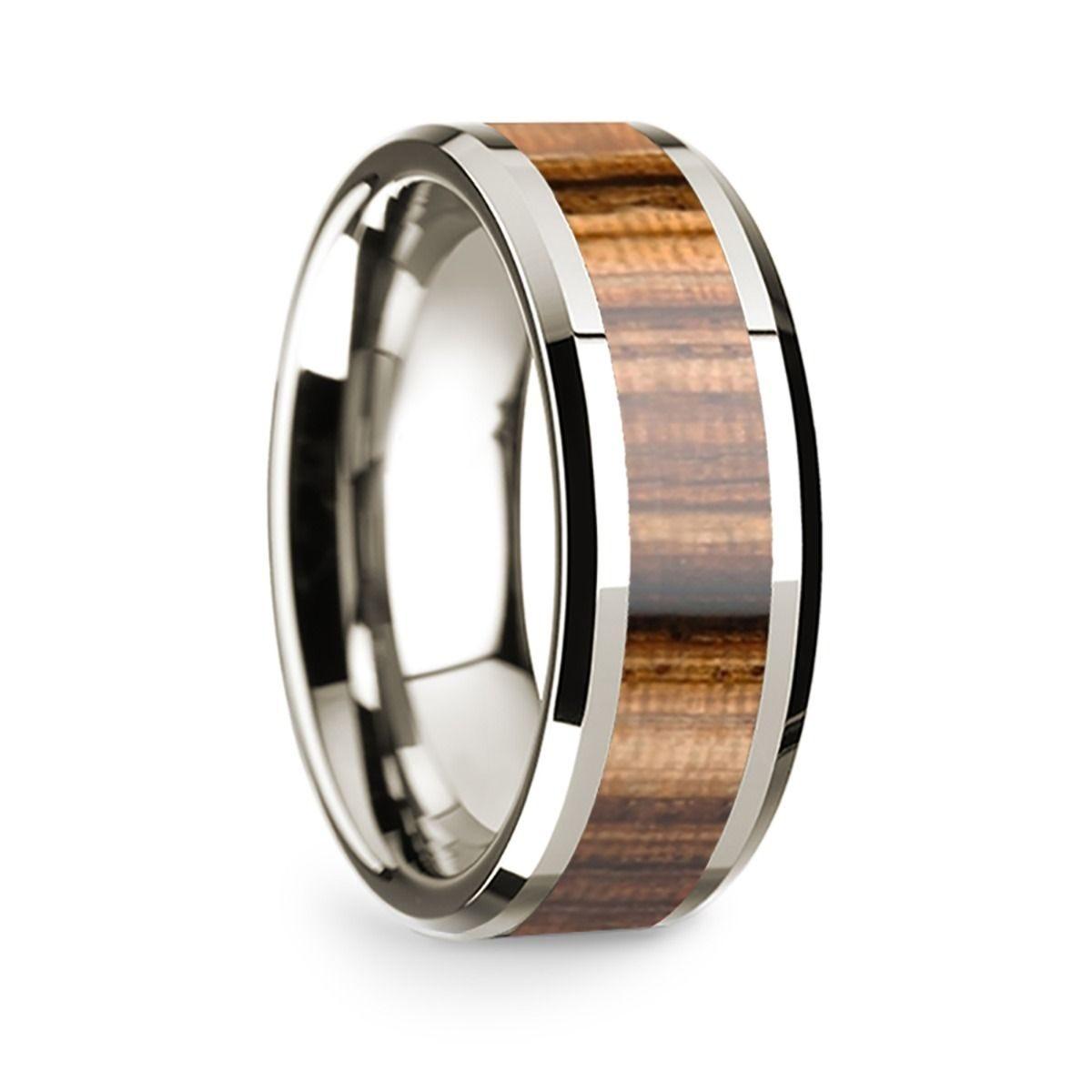 14k White Gold Polished Beveled Edges W/ Zebra Wood Inlay - 8 mm