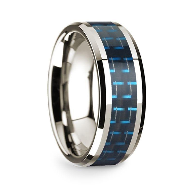 14k White Gold Polished Beveled Edges W/ Black & Dark Blue Carbon Fiber Inlay - 8mm