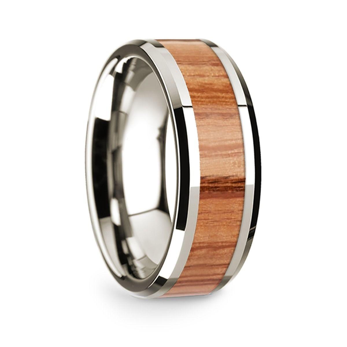 14k White Gold Polished Beveled Edges W/ Red Oak Wood Inlay - 8 mm