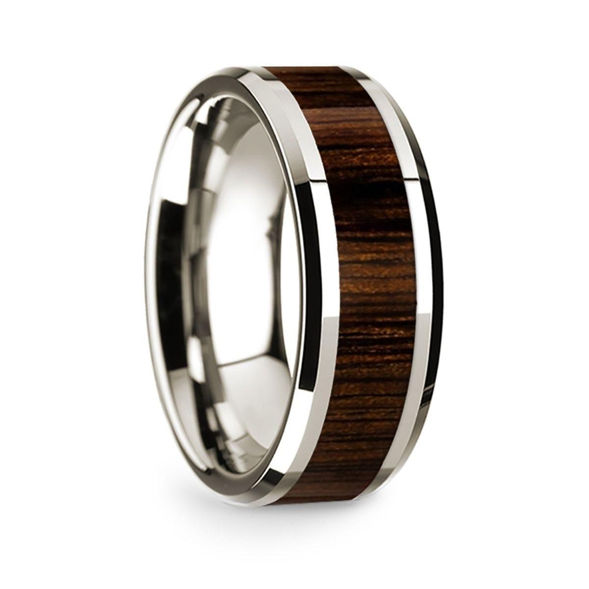 14k White Gold Polished Beveled Edges W/ Black Walnut Inlay - 8mm