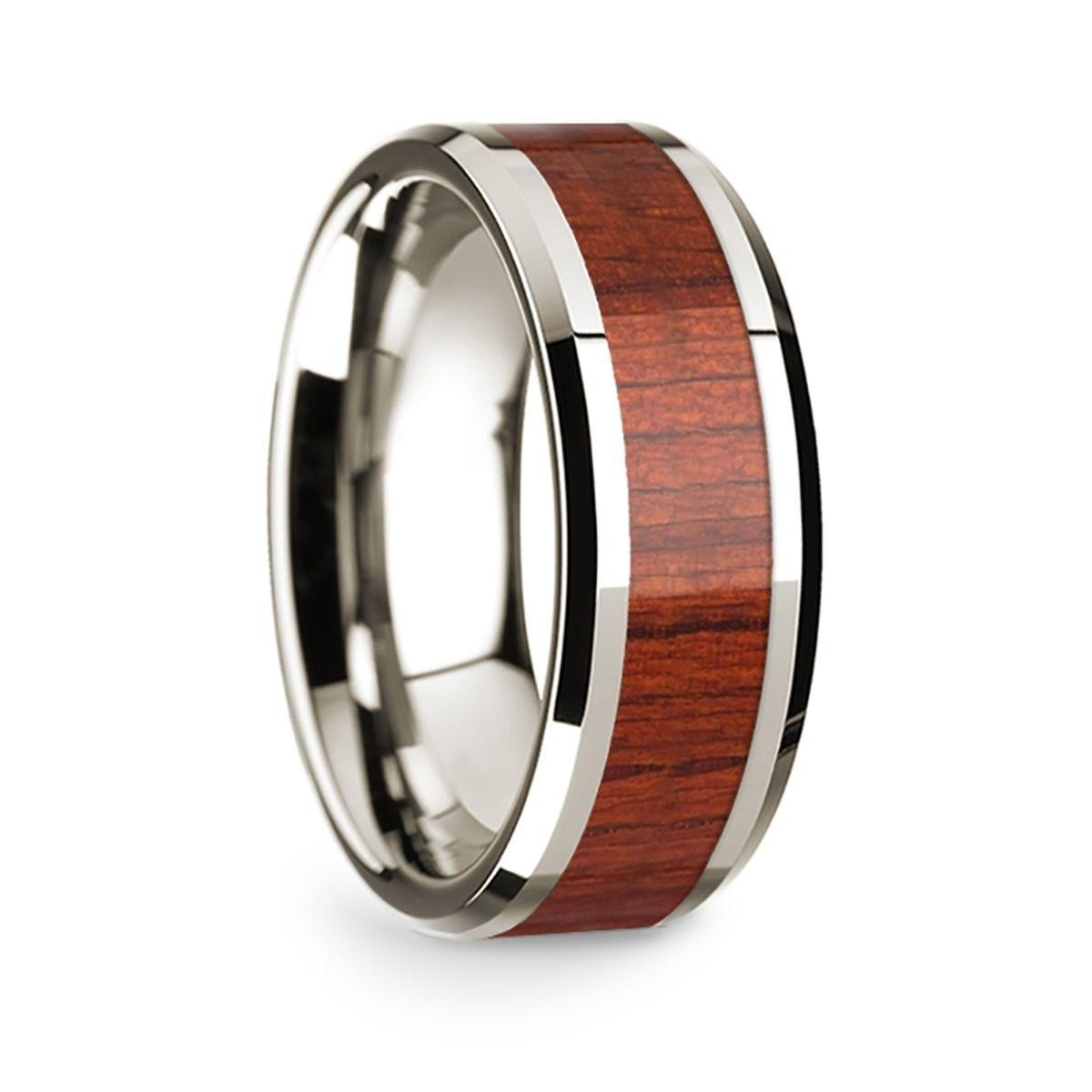 14k White Gold Polished Beveled Edges W/ Padauk Inlay - 8 mm
