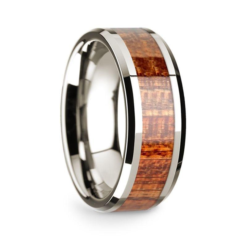 14k White Gold Polished Beveled Edges W/ Mahogany Inlay - 8 mm