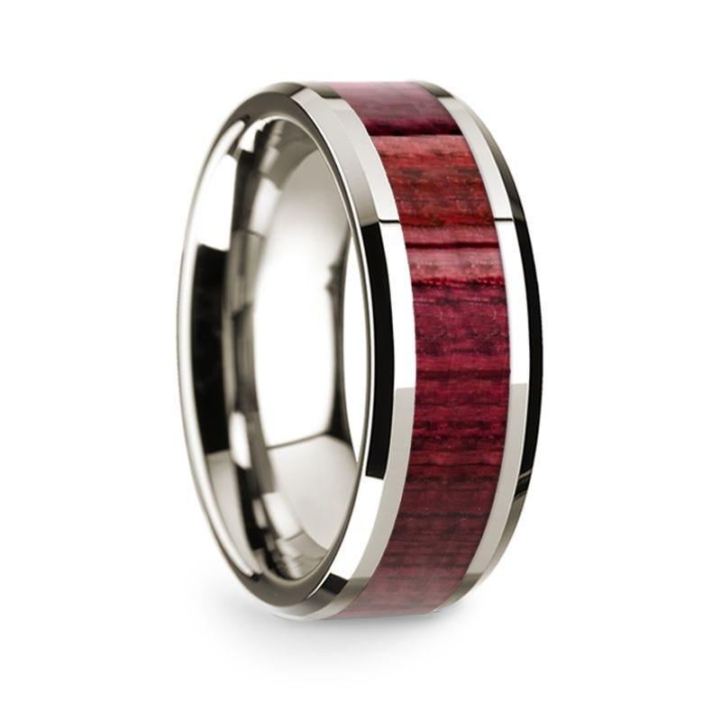 14k White Gold Polished Beveled Edges W/ Purpleheart Wood Inlay - 8 mm