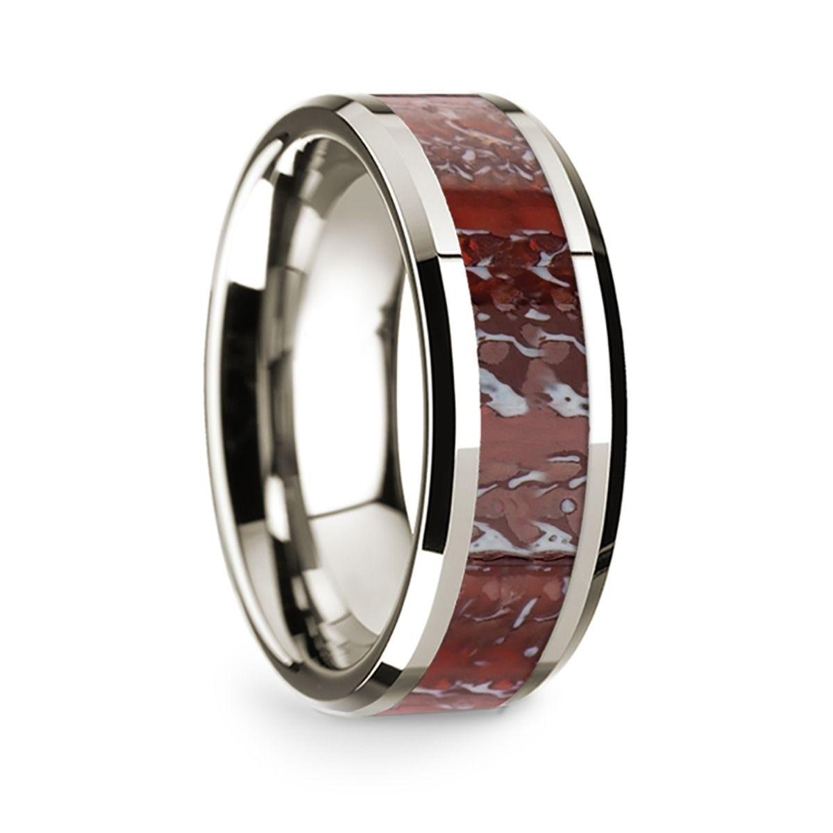 14k White Gold Polished Beveled Edges W/ Red Dinosaur Bone Inlay - 8 mm