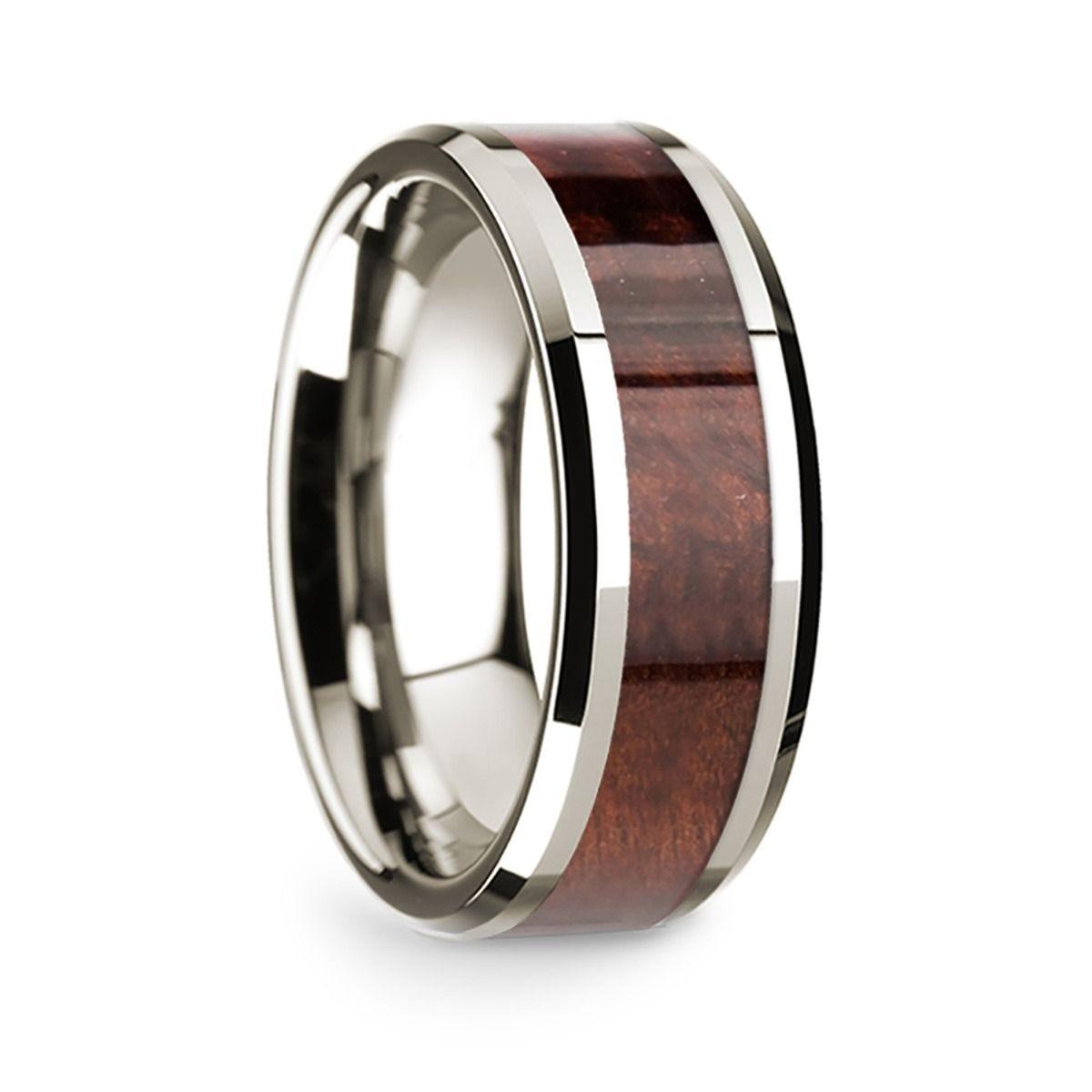 14k White Gold Polished Beveled Edges W/ Redwood Inlay - 8 mm