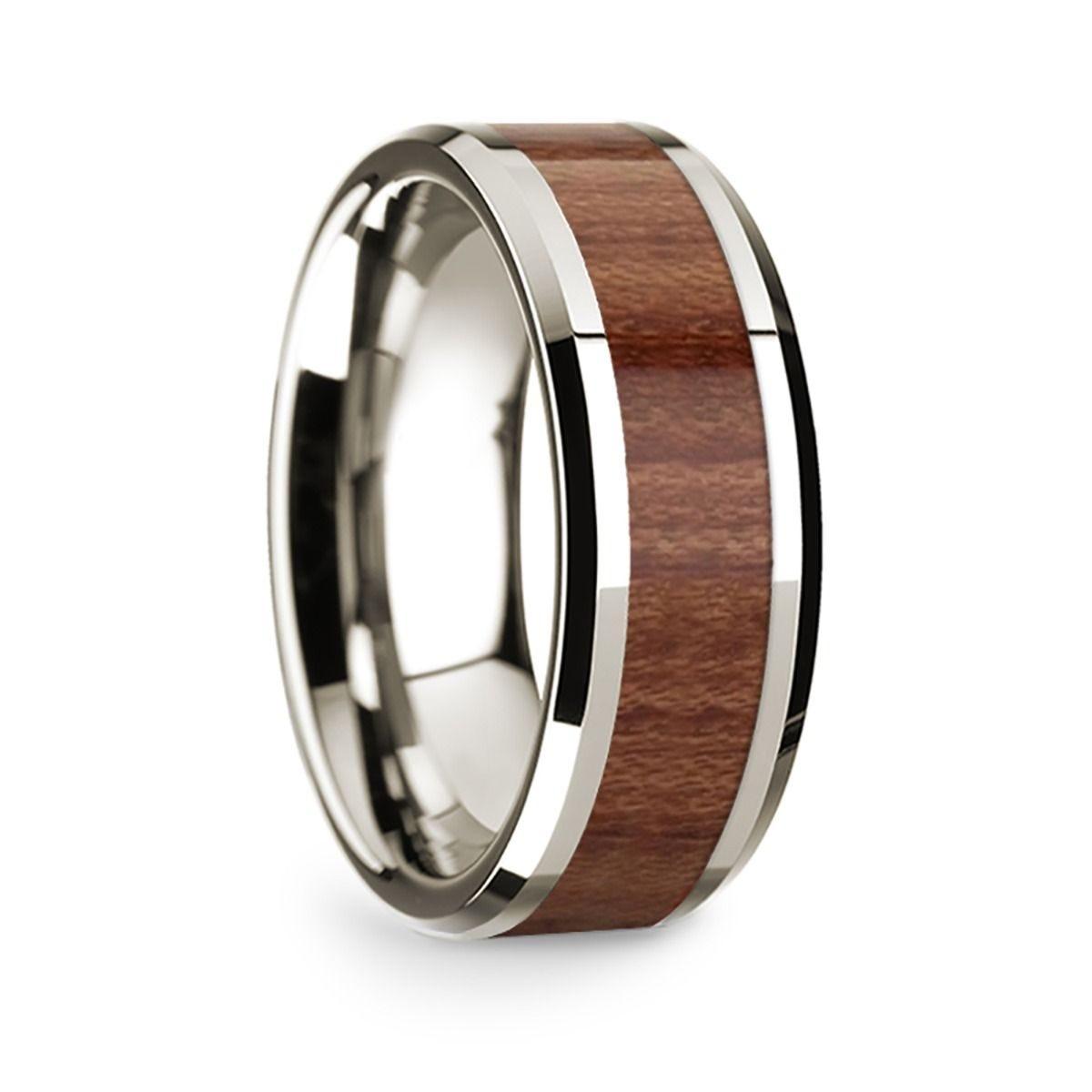 14k White Gold Polished Beveled Edges W/ Rosewood Inlay - 8 mm