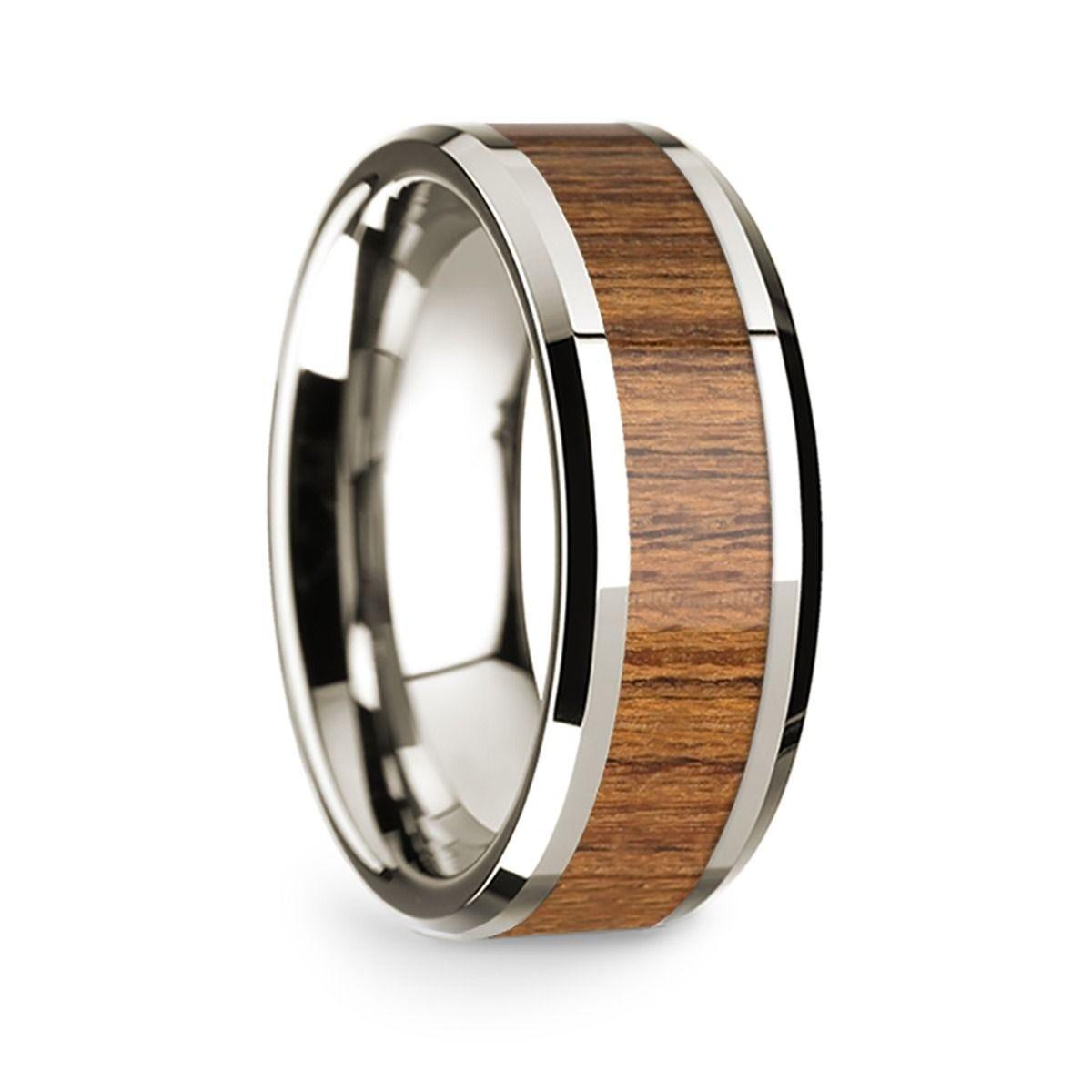 14k White Gold Polished Beveled Edges W/ Teakwood Inlay - 8 mm