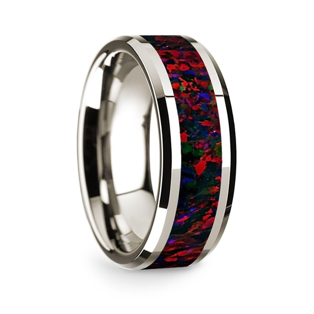 14k White Gold Polished Beveled Edges W/ Black and Red Opal Inlay - 8mm