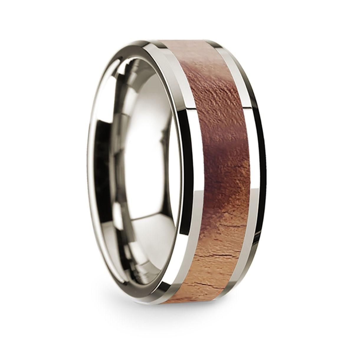 14k White Gold Polished Beveled Edges W/ Olive Wood Inlay - 8 mm