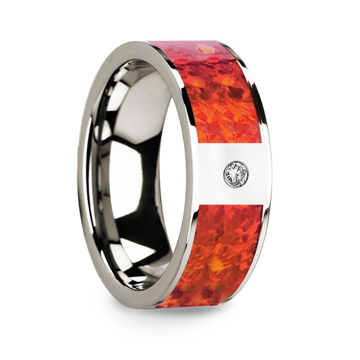 Red Opal Inlaid Polished 14k White Gold with Diamond Accent