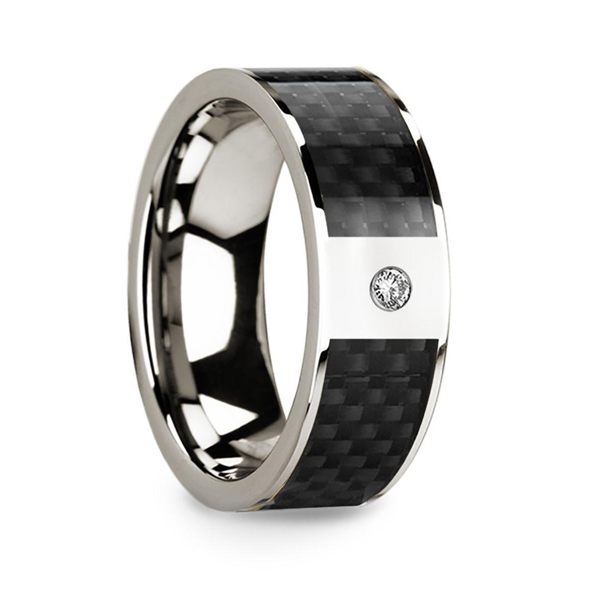 14k White Gold Polished Ring w/ Black Carbon Fiber Inlaid Diamond Accent - 8mm