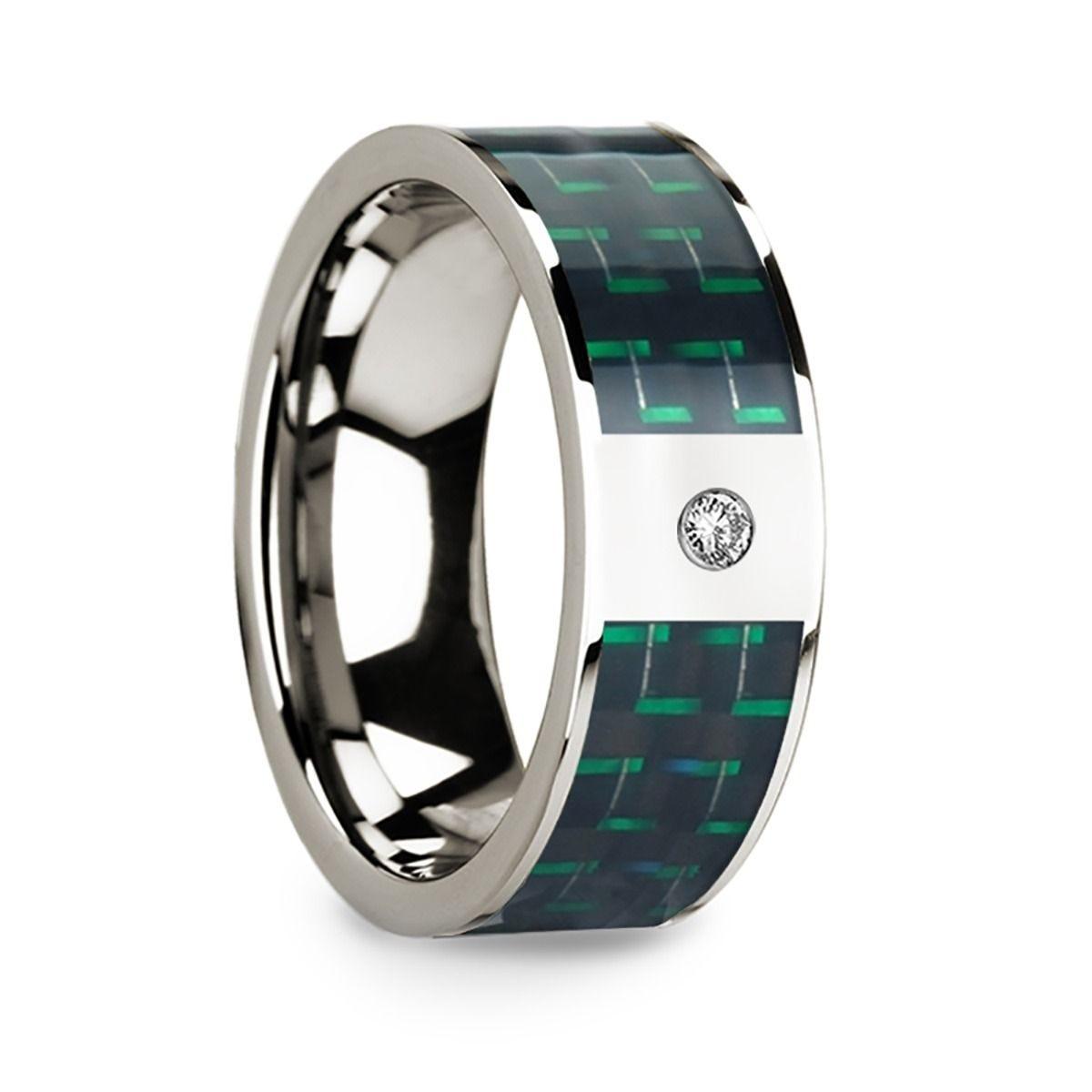 Diamond Accented 14k White Gold Men's Wedding Ring with Black & Green Carbon Fiber Inlay - 8mm