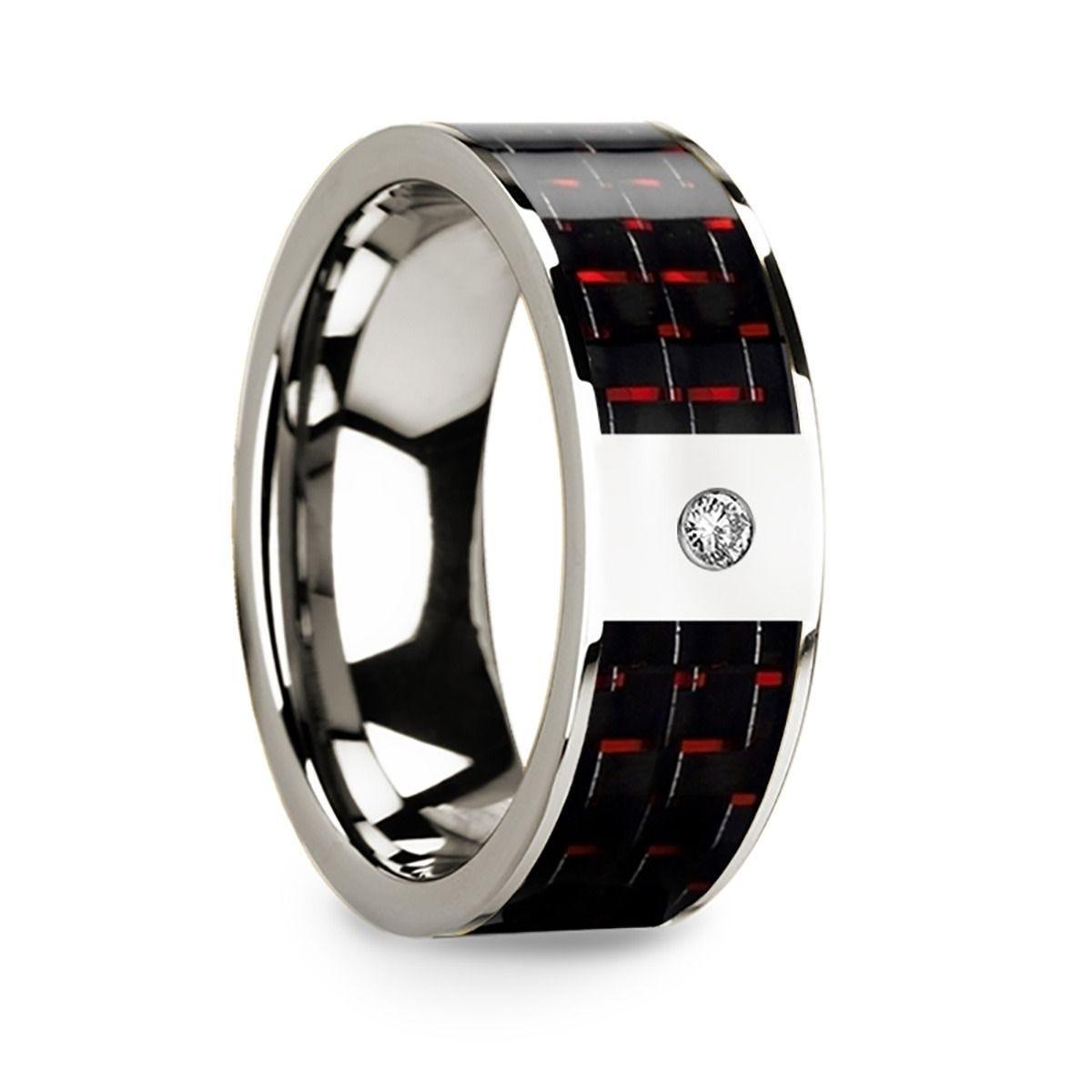 Mens 14k White Gold Flat Wedding Ring with Red & Black Carbon Fiber Inlay & Diamond - 8mm