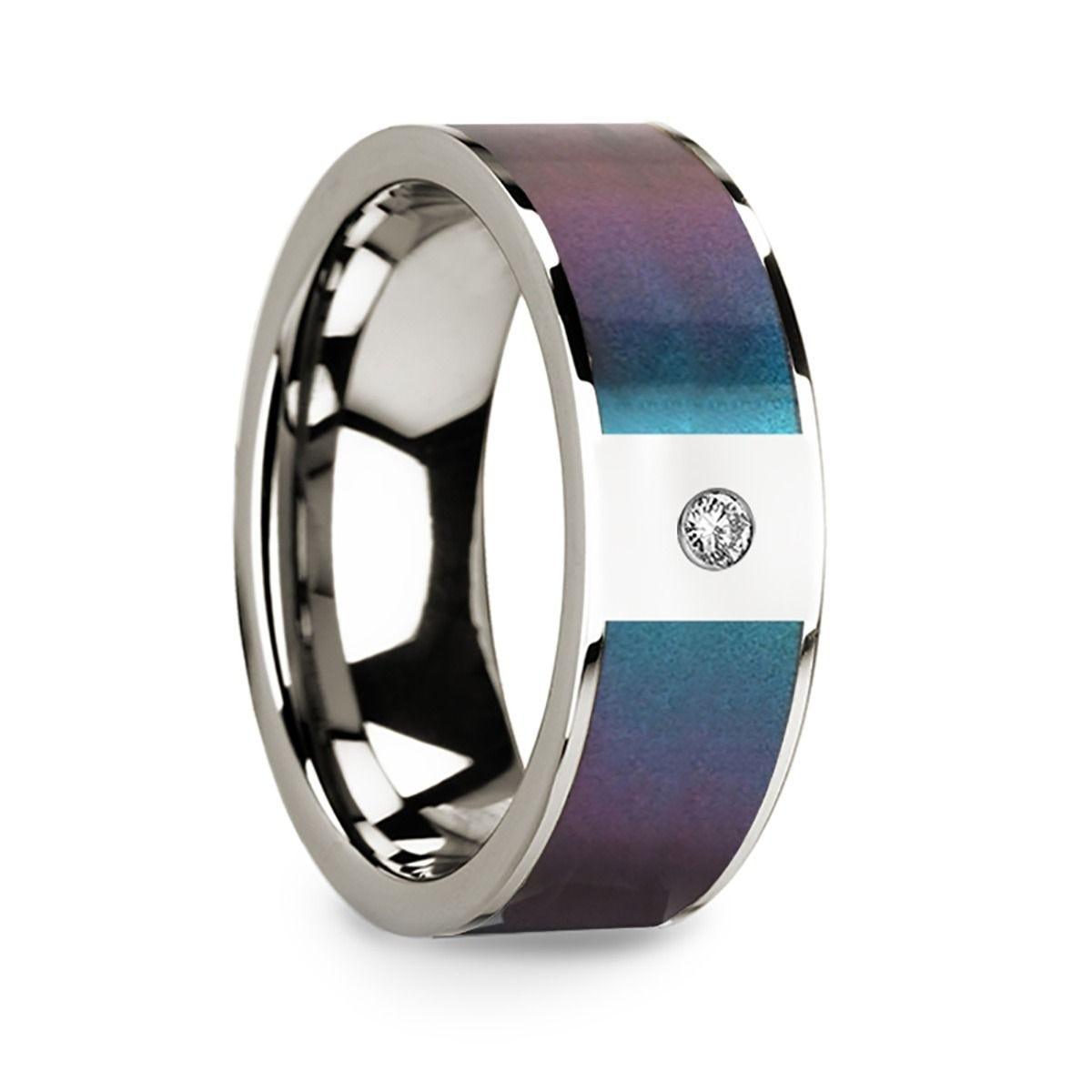 14k Polished White Gold W/ Blue & Purple Color Changing Inlay & Diamond - 8mm