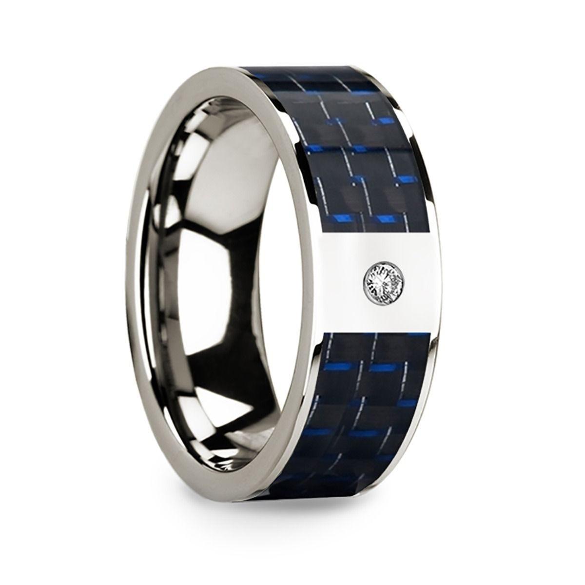Diamond Center 14k White Gold Men's Wedding Ring with Blue & Black Carbon Fiber Inlay - 8mm