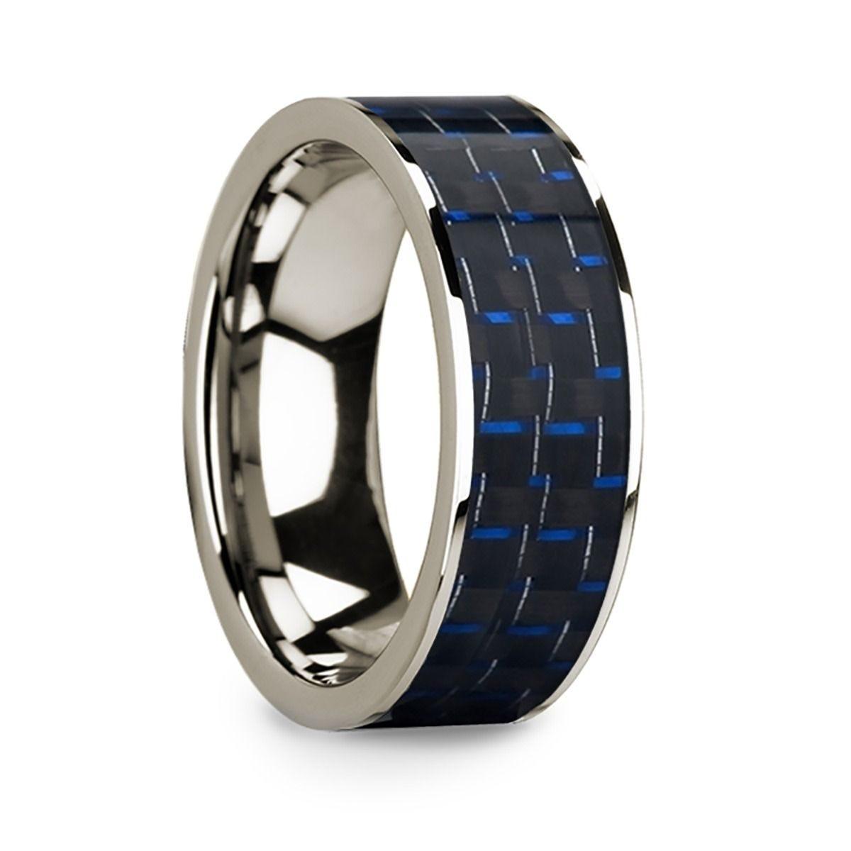 14k White Gold Blue & Black Carbon Fiber Inlaid Polished - 8mm
