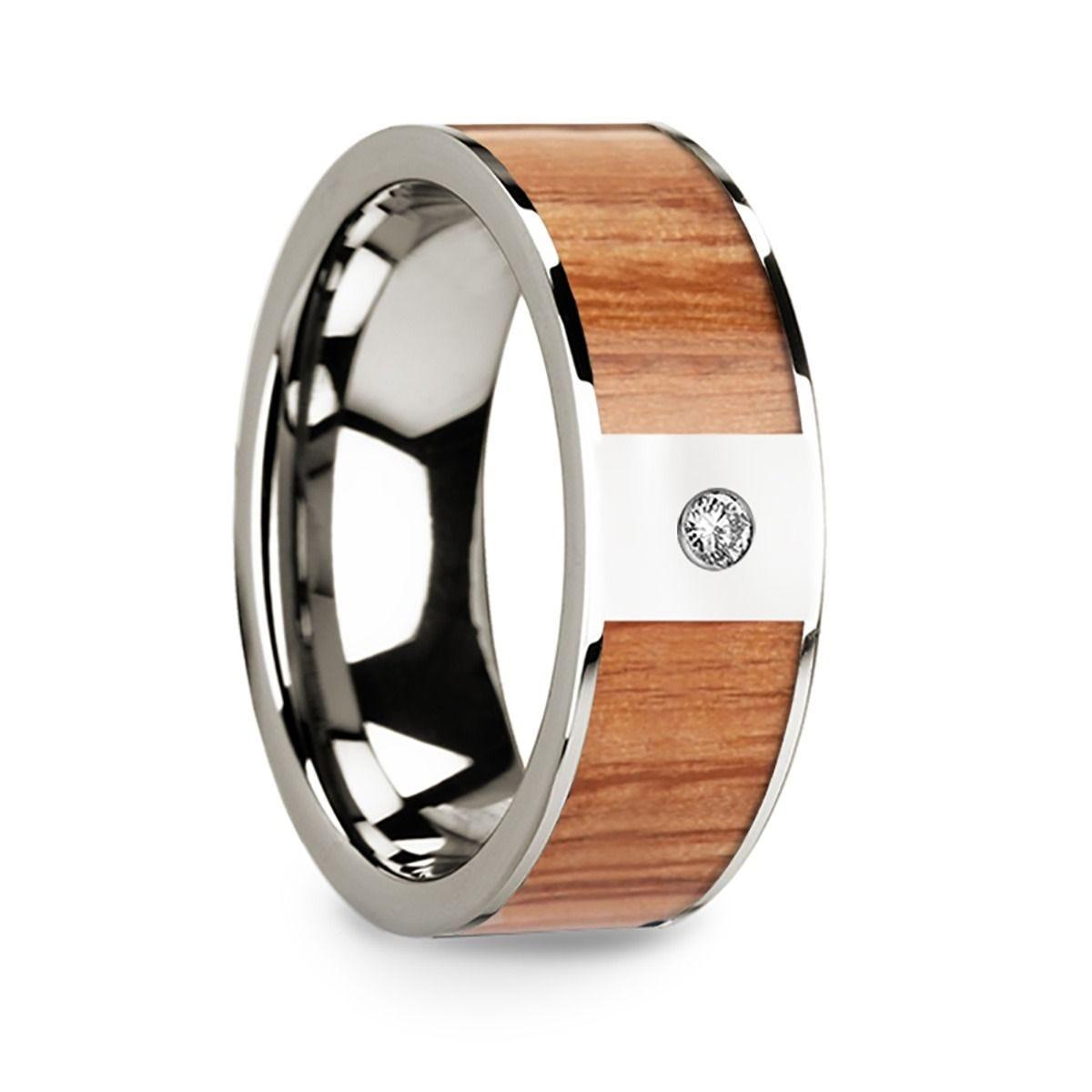 Polished 14k White Gold W/ Red Oak Wood Inlay & Diamond Accent - 8mm