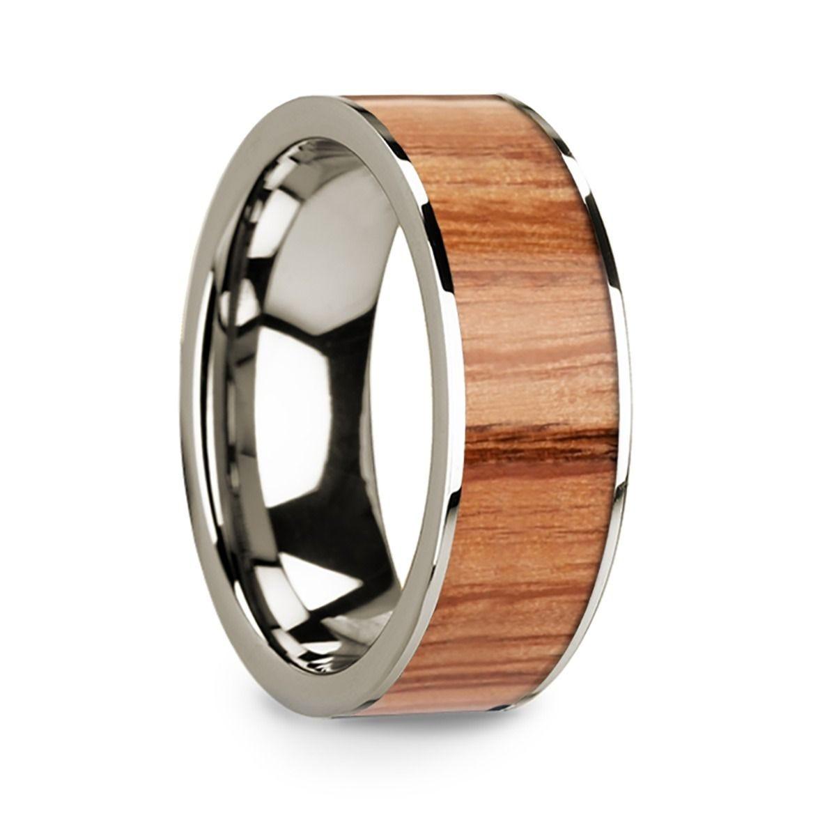 Polished Flat 14k White Gold W/ Red Oak Wood Inlay - 8mm