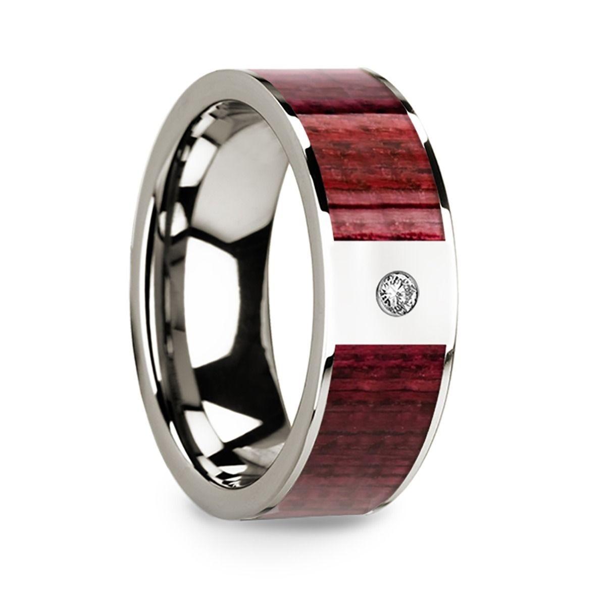 Men's Polished 14k White Gold Wedding Band with Purpleheart Wood Inlay & Diamond - 8mm