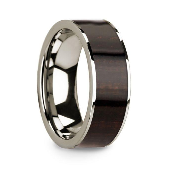 Men's Polished 14k White Gold with Ebony Wood Inlay Wedding Ring - 8mm
