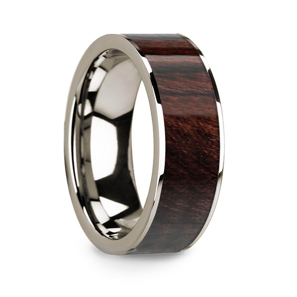 14k White Gold Men's Flat Wedding Ring with Bubinga Wood Inlay - 8mm