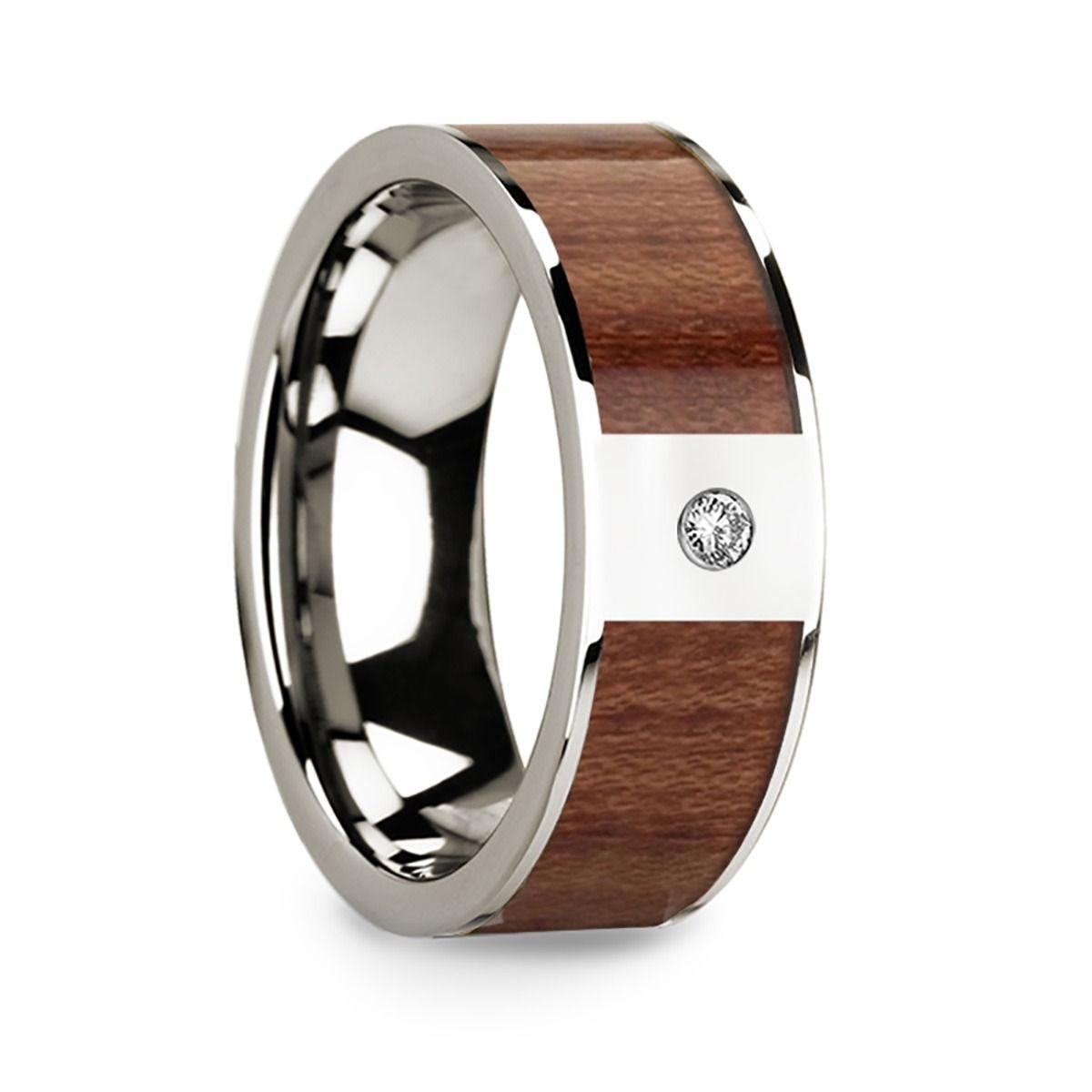 Polished 14k White Gold W/ Rosewood Inlay & Single Diamond Center - 8mm