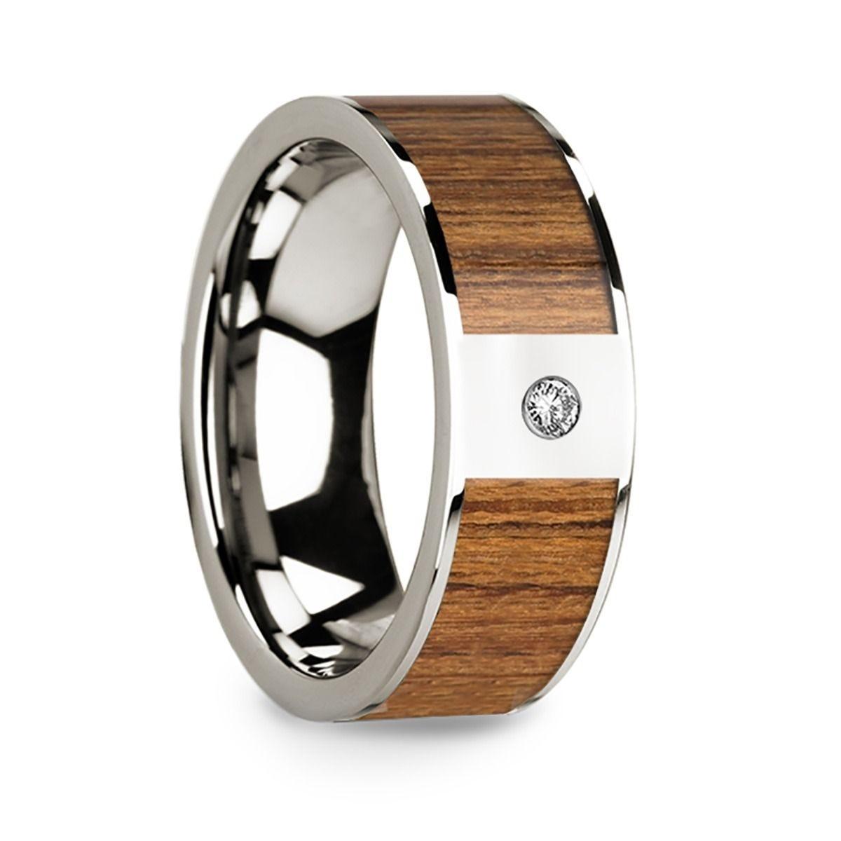 Men's Polished 14k White Gold & Teak Wood Inlaid Wedding Band with Diamond - 8mm