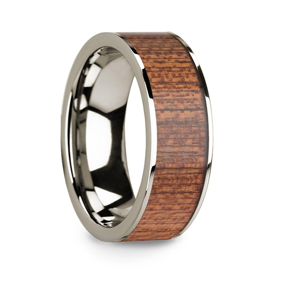 Polished 14k White Gold & Cherry Wood Inlay Men's Flat Wedding Ring - 8mm