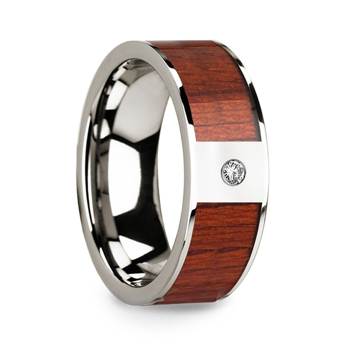 Men's 14k White Gold Polished Wedding Ring with Padauk Wood Inlay & Diamond - 8mm
