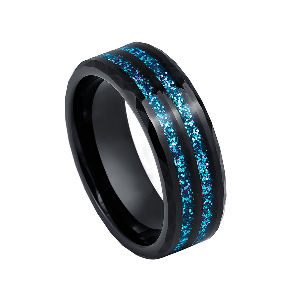 8mm- Black Tungsten wedding Ring W/ Double Barrel Blue Glitter Inlay Ring,