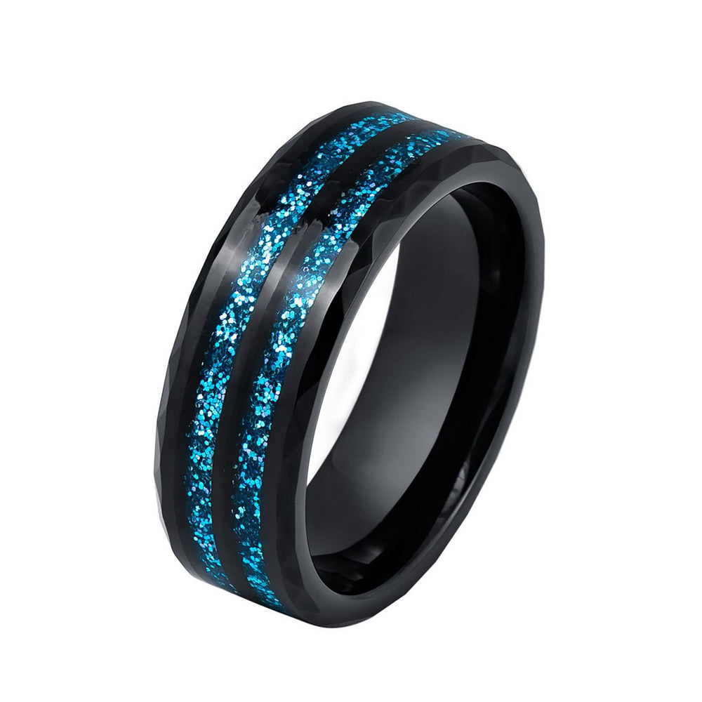 8mm- Black Tungsten wedding Ring W/ Double Barrel Blue Glitter Inlay Ring,