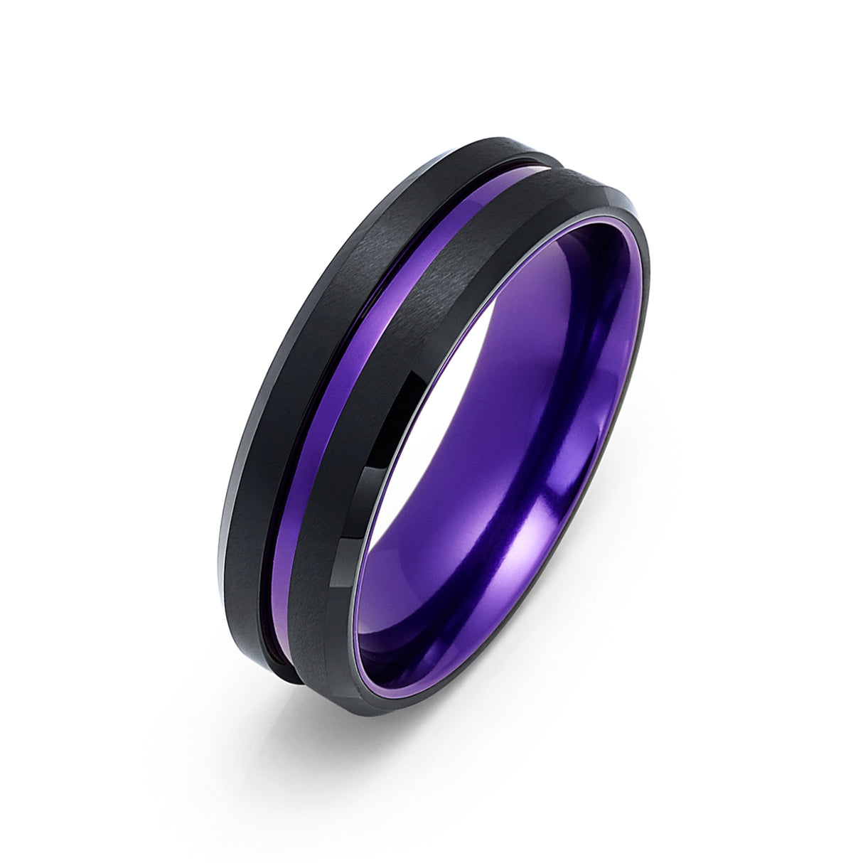 6mm - Black & Purple Tungsten Ring Matte Finish Beveled Edges Wedding Band Purple Inlay