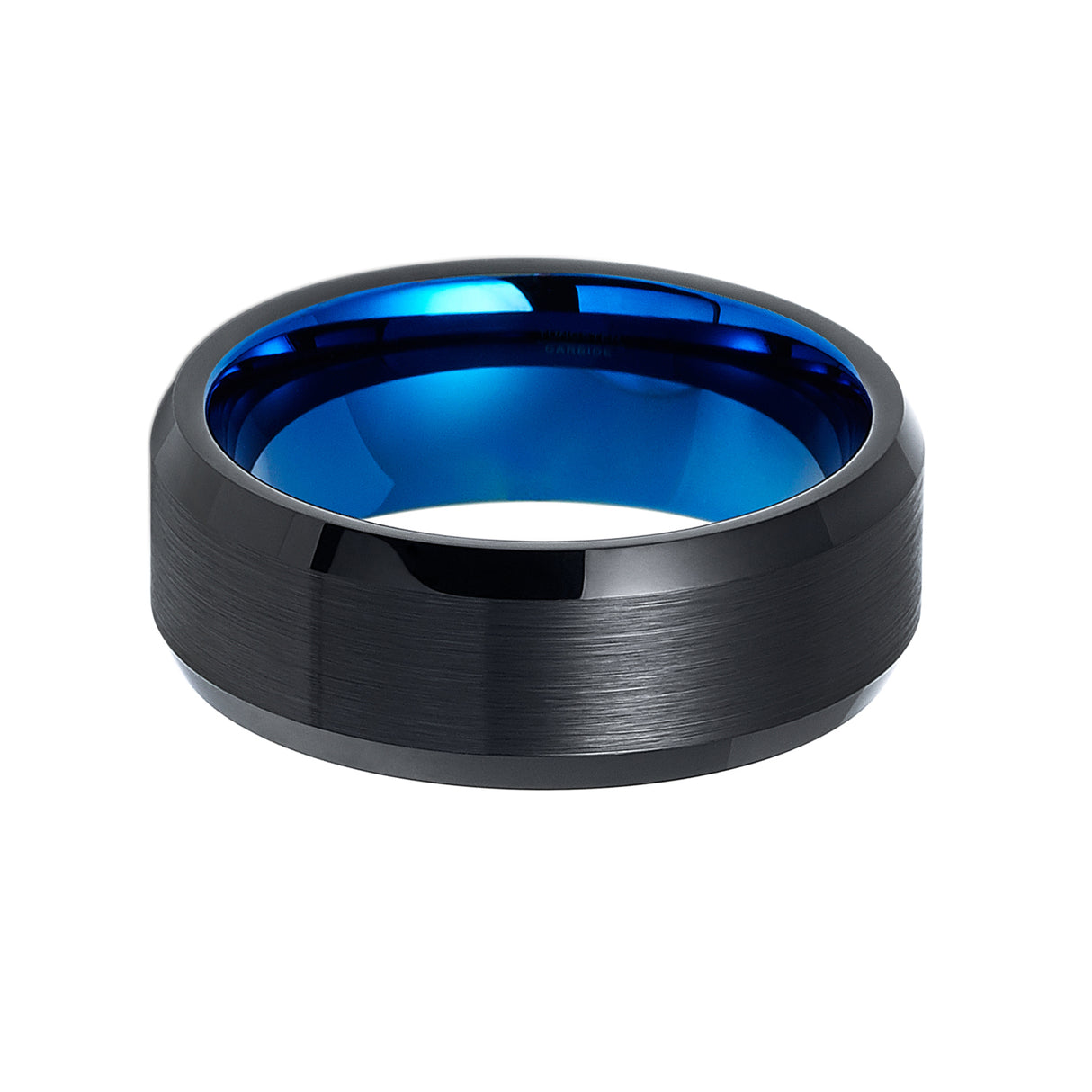 8mm - Tungsten Black & Blue Ring, Brushed Finished, Beveled Edges