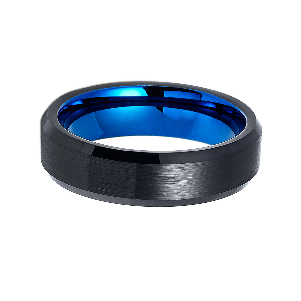 6mm - Tungsten Black & Blue Ring, Brushed Finished, Beveled Edges