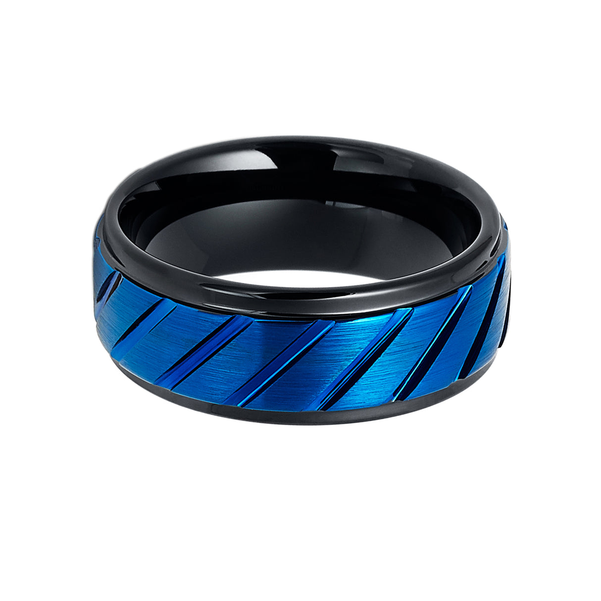 8mm Blue and Black Grooved Tungsten Carbide Wedding Band