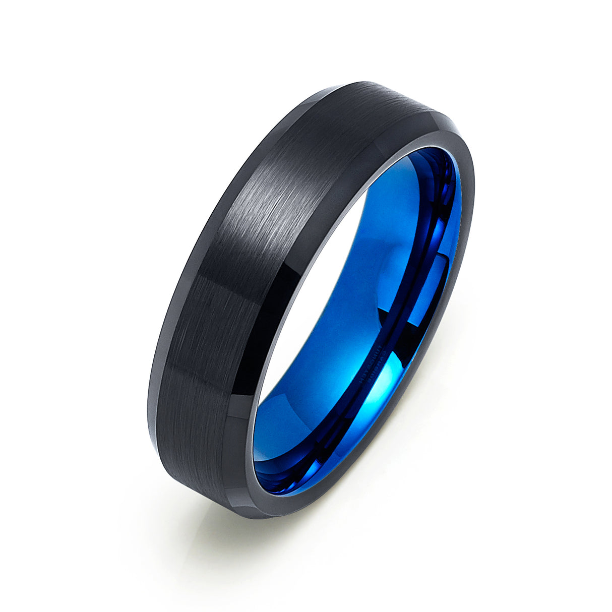6mm - Tungsten Black & Blue Ring, Brushed Finished, Beveled Edges