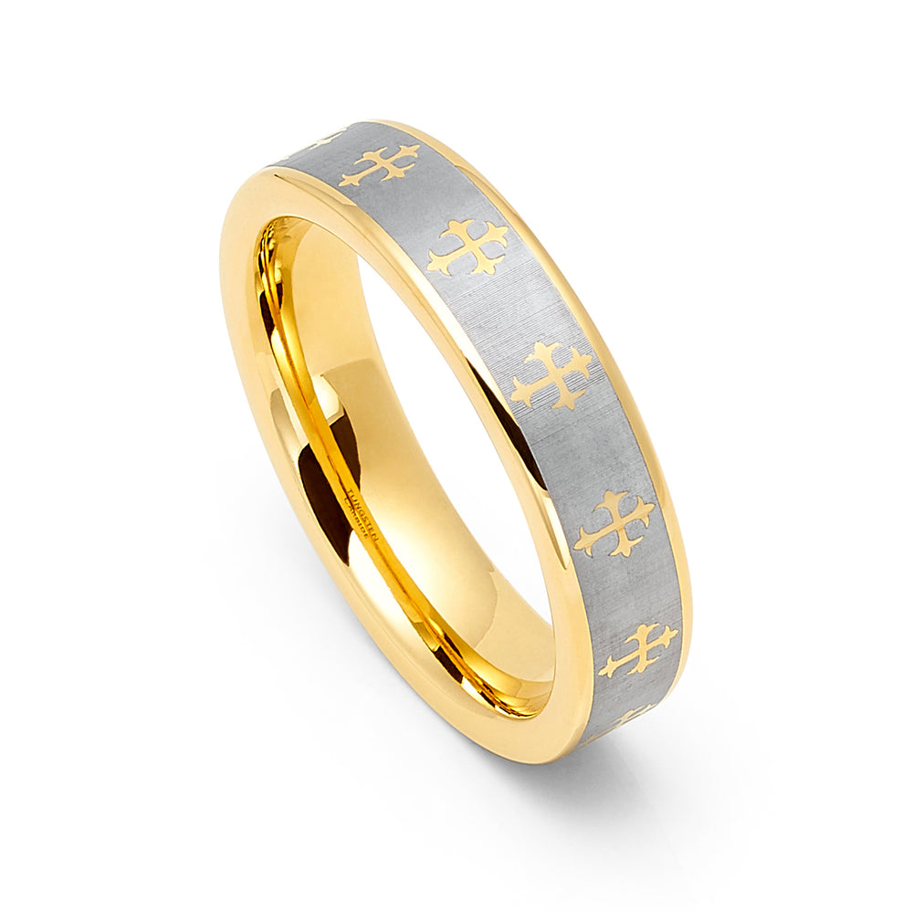 6mm - 14K Gold Tungsten Wedding Ring, Gold Cross Ring, Brushed Center,