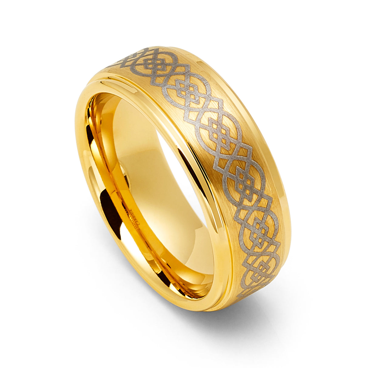 8mm - Gold Tungsten Wedding Ring, Gold Celtic Ring, High Polish Celtic Knot Pattern