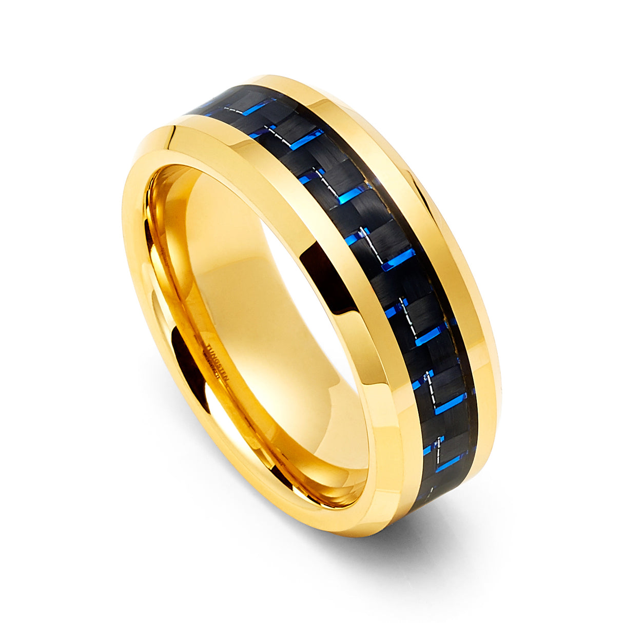 8MM Gold TUNGSTEN Carbide RING WITH BLUE CARBON FIBER INLAY