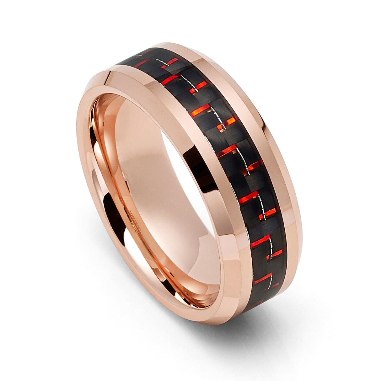 8MM Rose Gold TUNGSTEN Carbide RING WITH Red CARBON FIBER INLAY