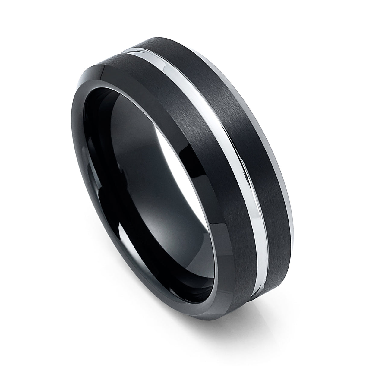 8mm - Black Tungsten Wedding Band Brush Finish Silver Center Groove