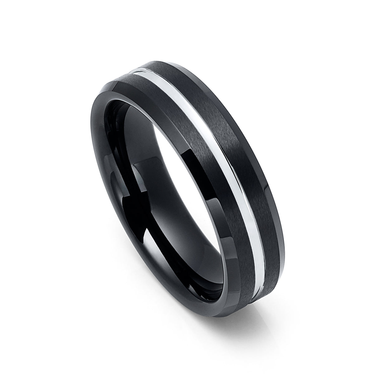 6mm - Black Tungsten Wedding Band Brush Finish Silver Center Groove
