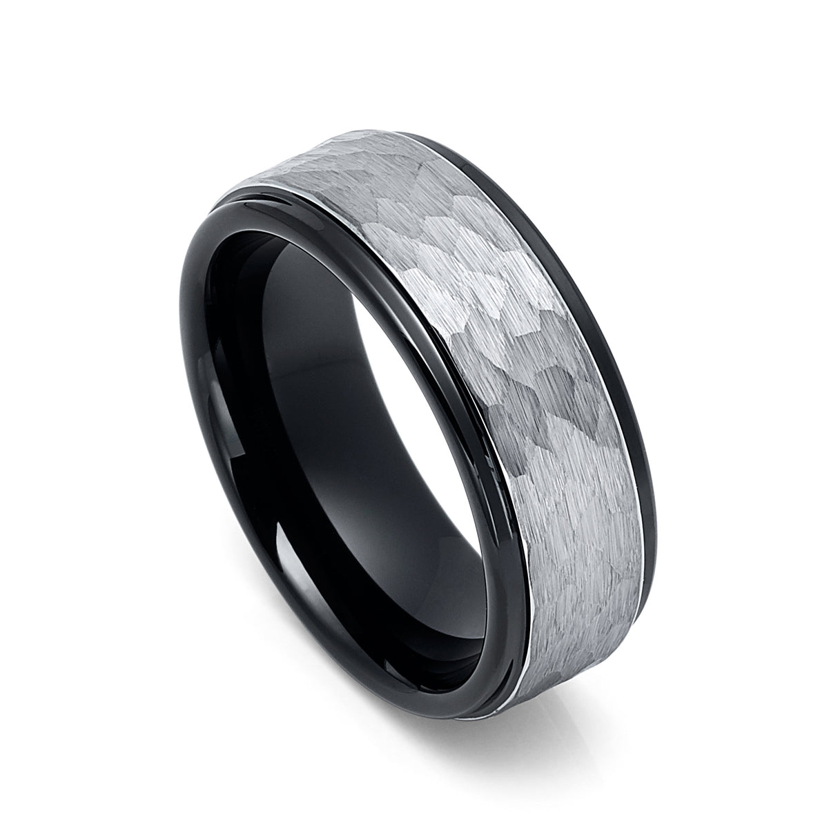 8MM BLACK TUNGSTEN WEDDING BAND, SILVER HAMMERED BRUSHED CENTER