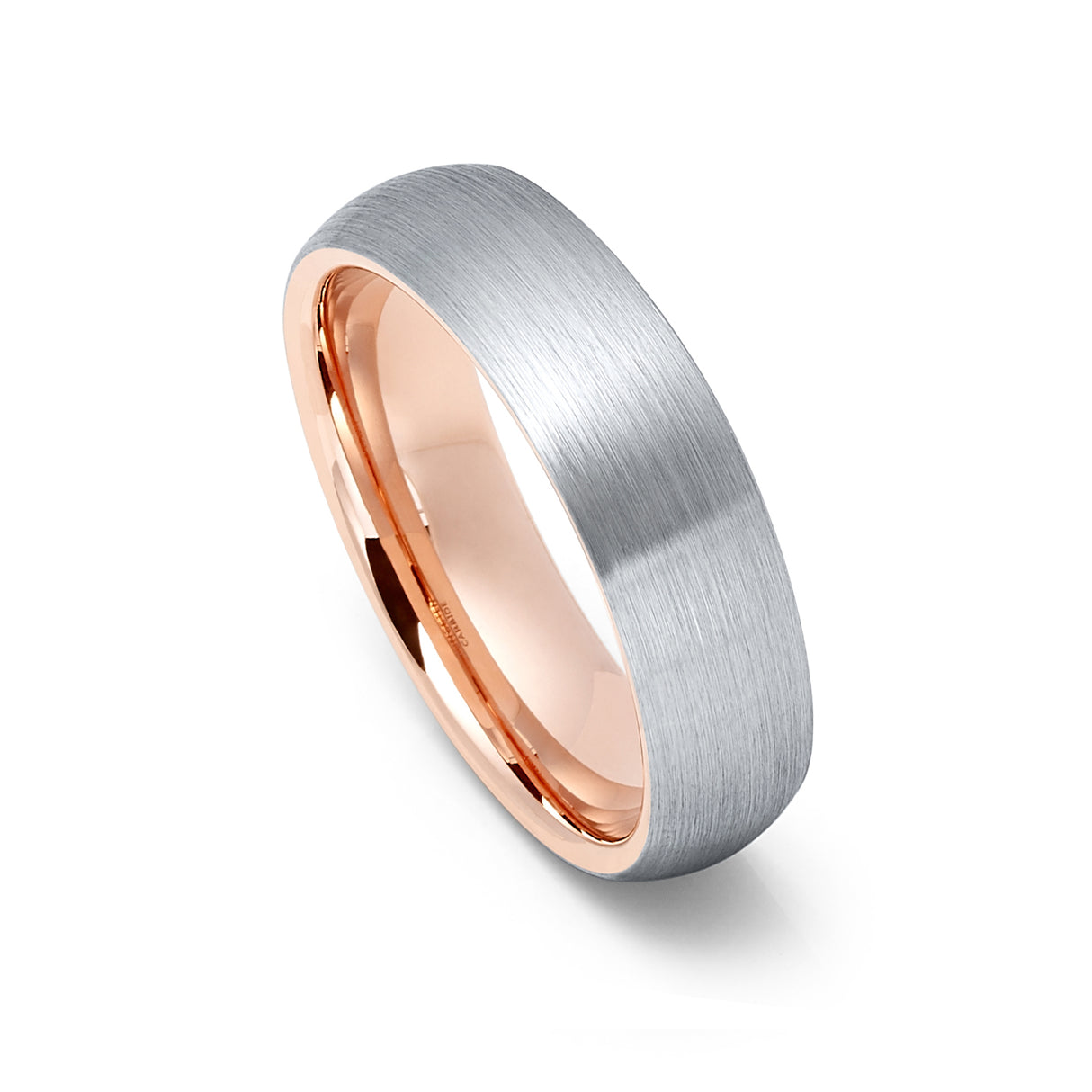 6mm - Mens Tungsten Wedding Band, Brushed Silver with Rose Gold Inside Inlay