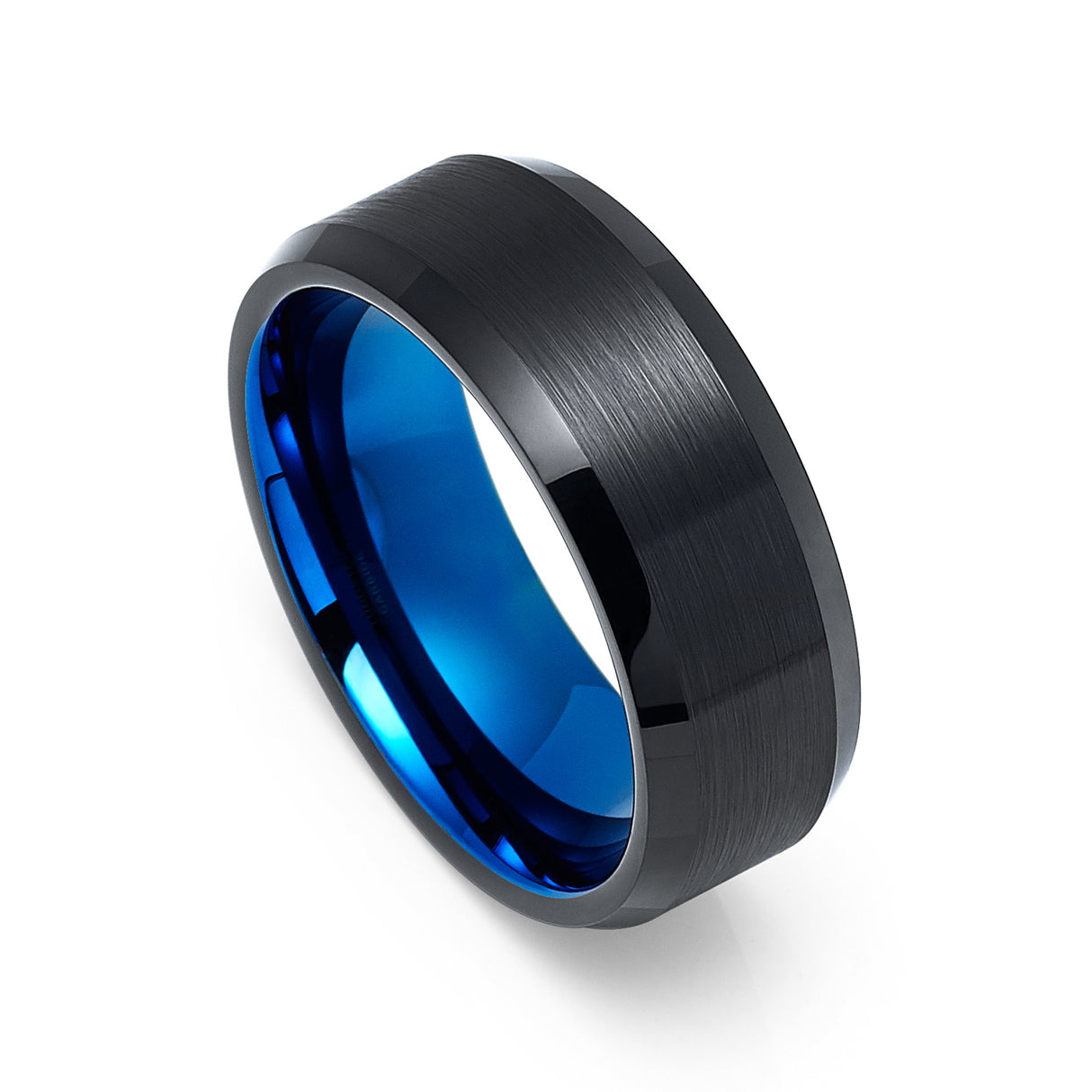 8mm - Tungsten Black & Blue Ring, Brushed Finished, Beveled Edges