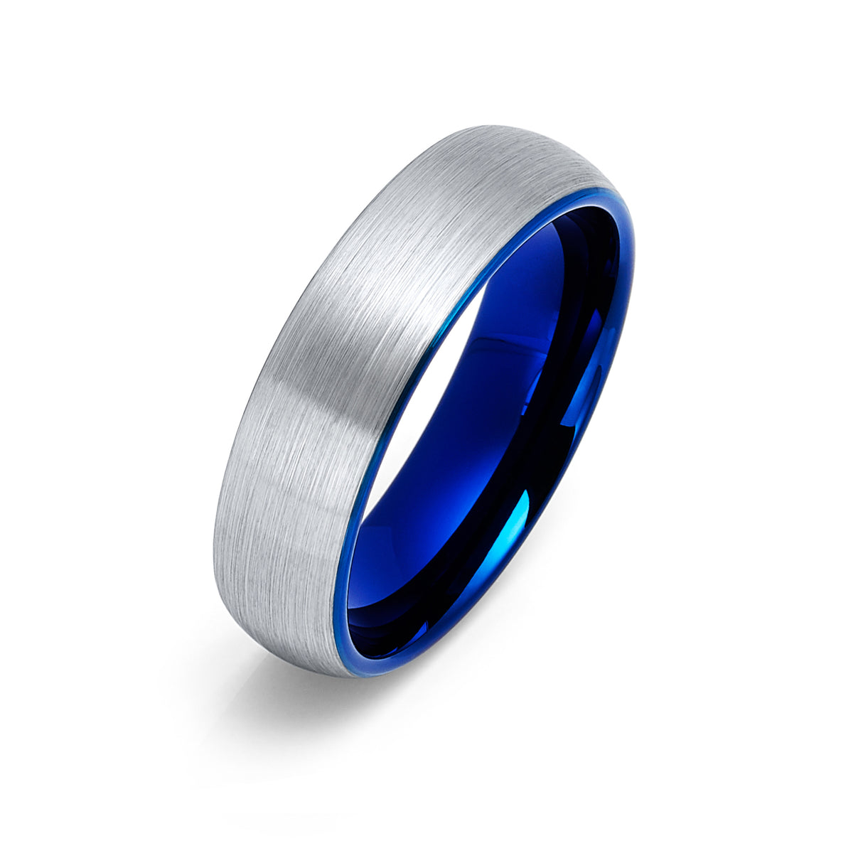 6mm Blue Tungsten Carbide Wedding Ring with Brushed Finish, Dome Ring