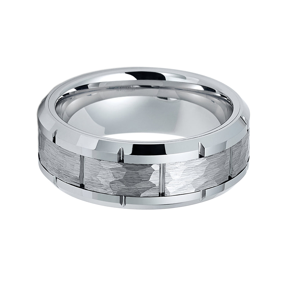 8mm - Mens Silver Tungsten Carbide Wedding Band Notched Hammered Ring
