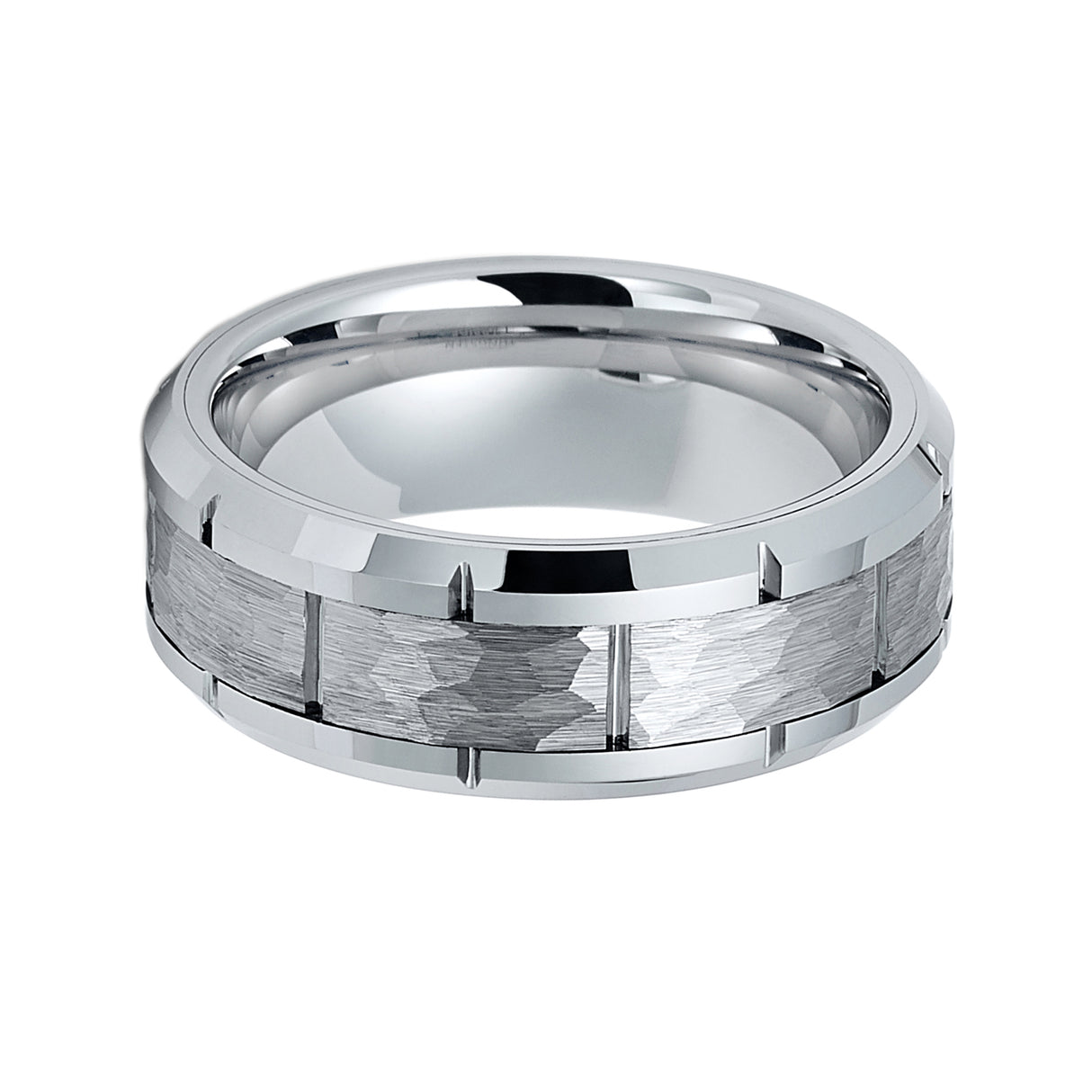 8mm - Mens Silver Tungsten Carbide Wedding Band Notched Hammered Ring