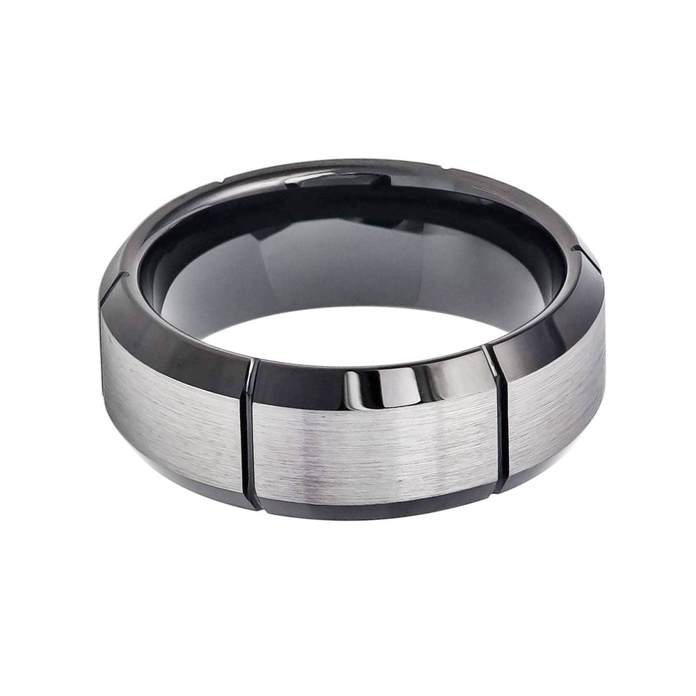 8mm - Tungsten Wedding Band, Gunmetal Brushed Grooved Ring, Beveled Edge Brush Center