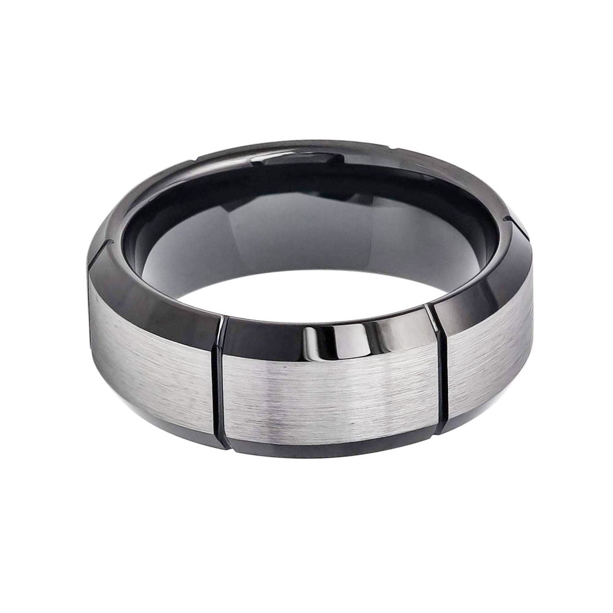 8mm - Tungsten Wedding Band, Gunmetal Brushed Grooved Ring, Beveled Edge Brush Center